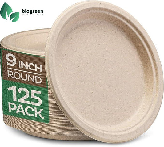 9“ Sugarcane Pulp Round Plates Natural Plant Fiber Compostable and Biodegrable Plates