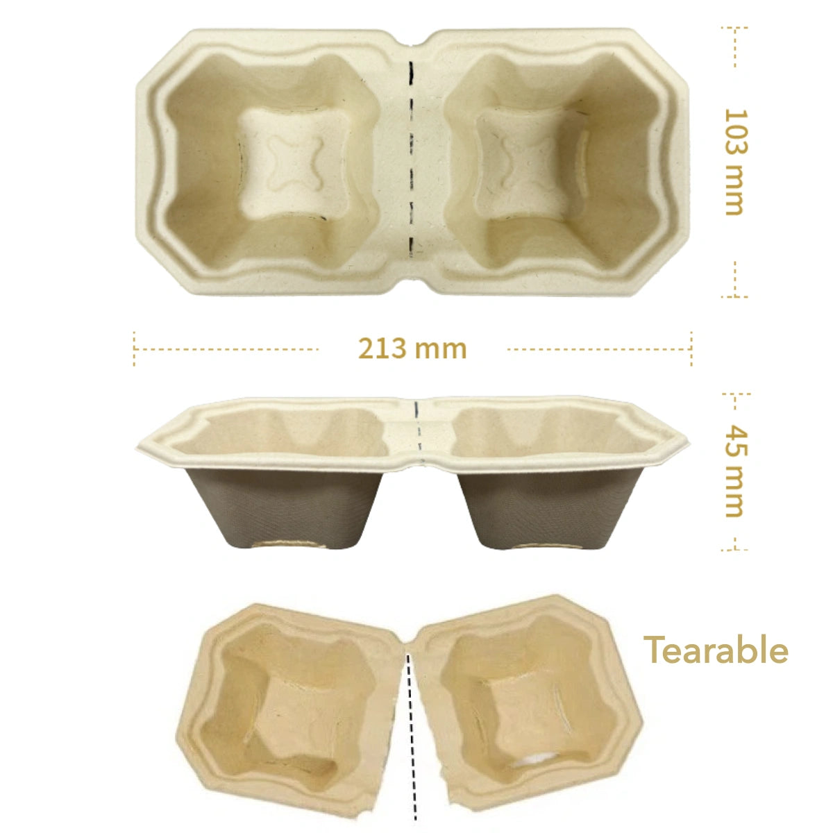 Abreißbare 2-Becher-Getränketräger Tabletts Bambusfaser China Hersteller Großhändler für Formfaserverpackungen