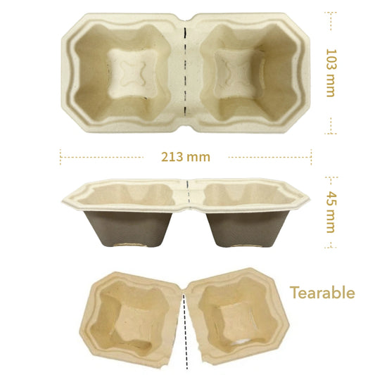 Tearable 2-Cup Drink Carrier Trays Bamboo Fiber China Molded Fiber Packaging Supplier Wholesaler