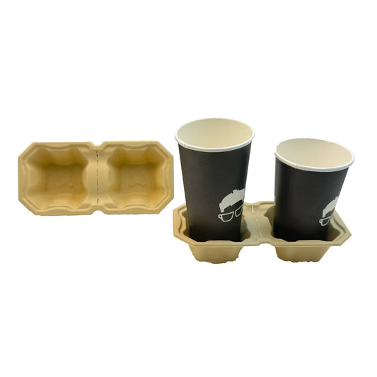 Tearable 2-Cup Drink Carrier Trays Bamboo Fiber China Molded Fiber Packaging Supplier Wholesaler