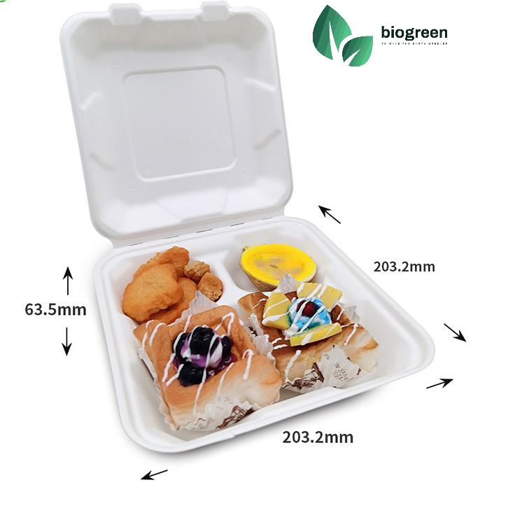 Eco Friendly Sugarcane Bagasse Food Containers Disposable 8x8 inch 3 Compartment Containers