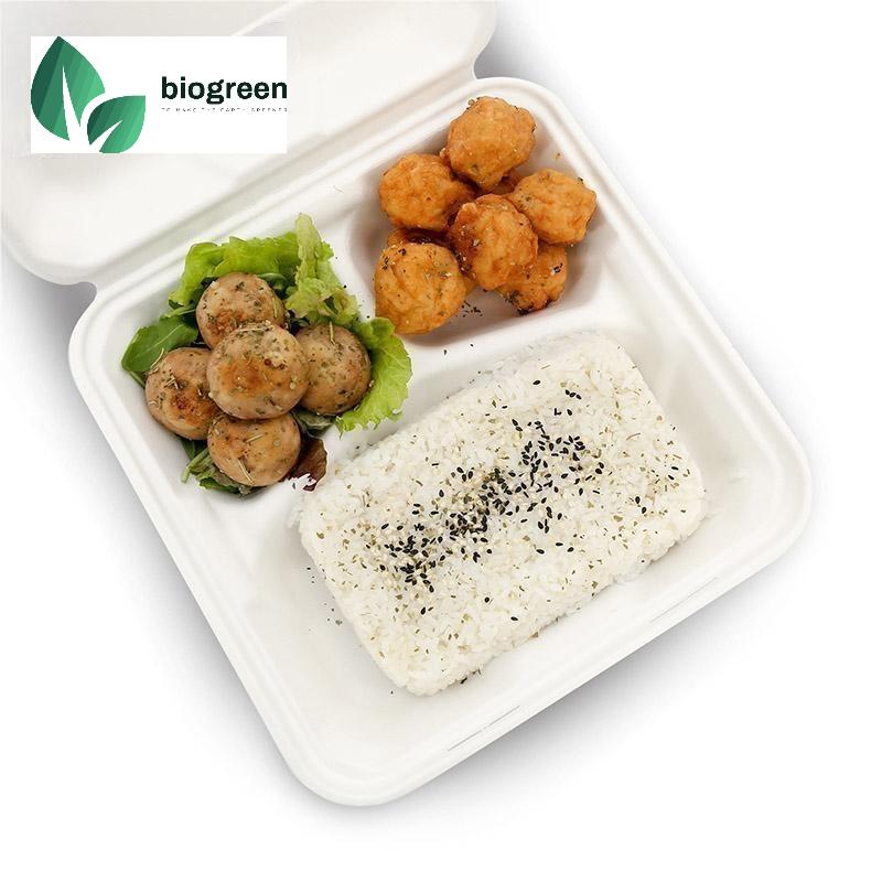 Eco Friendly Sugarcane Bagasse Food Containers Disposable 8x8 inch 3 Compartment Containers