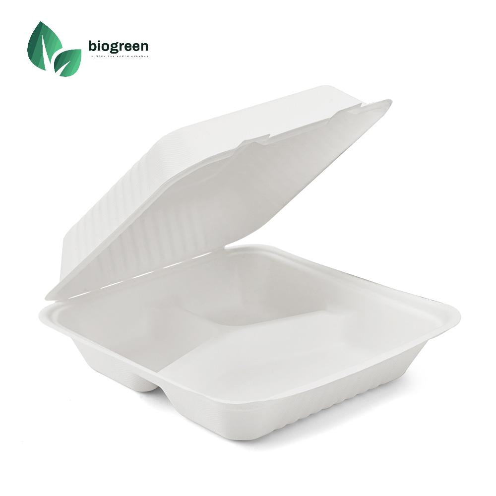 Eco Friendly Sugarcane Bagasse Food Containers Disposable 8x8 inch 3 Compartment Containers