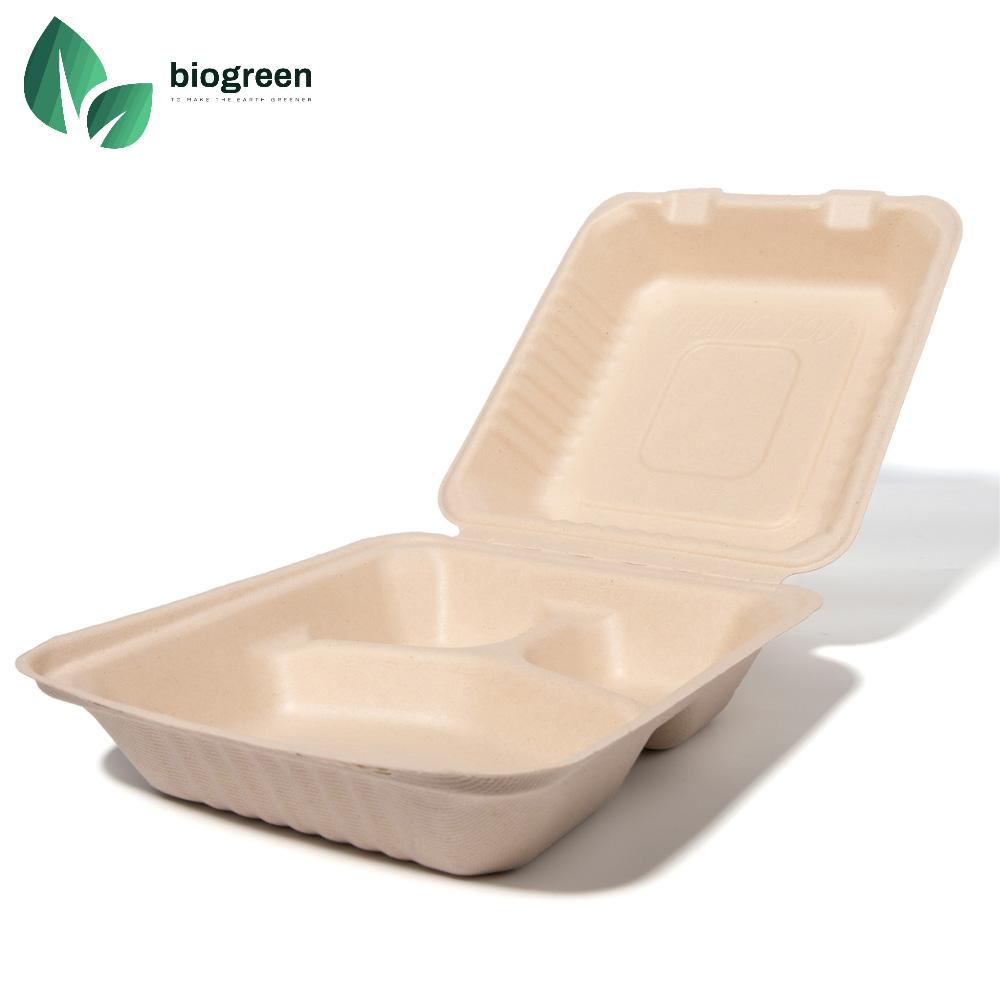 Eco Friendly Sugarcane Bagasse Food Containers Disposable 8x8 inch 3 Compartment Containers