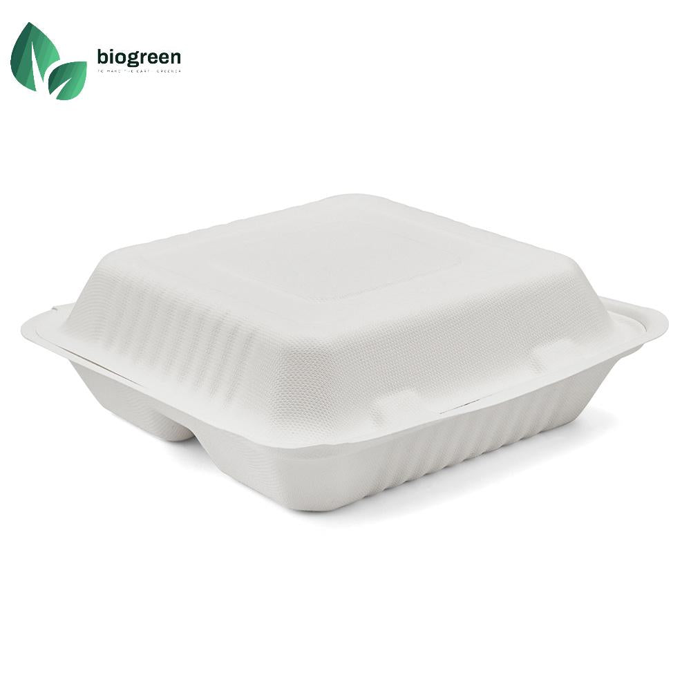 Eco Friendly Sugarcane Bagasse Food Containers Disposable 8x8 inch 3 Compartment Containers