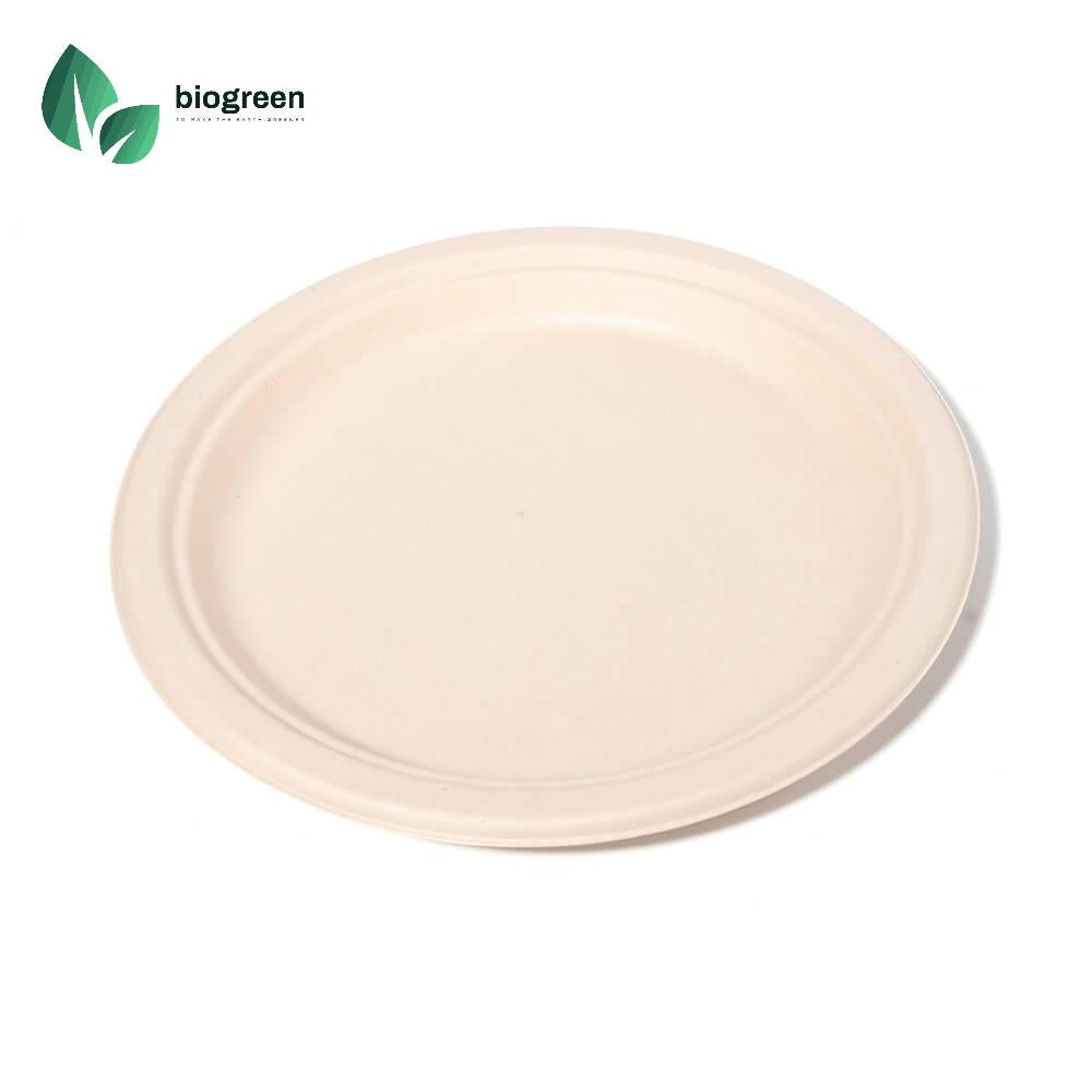 9“ Sugarcane Pulp Round Plates Natural Plant Fiber Compostable and Biodegrable Plates